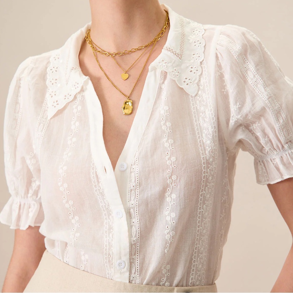 Rihoas Women's White Collared Lace Embroidery Cotton Blouse